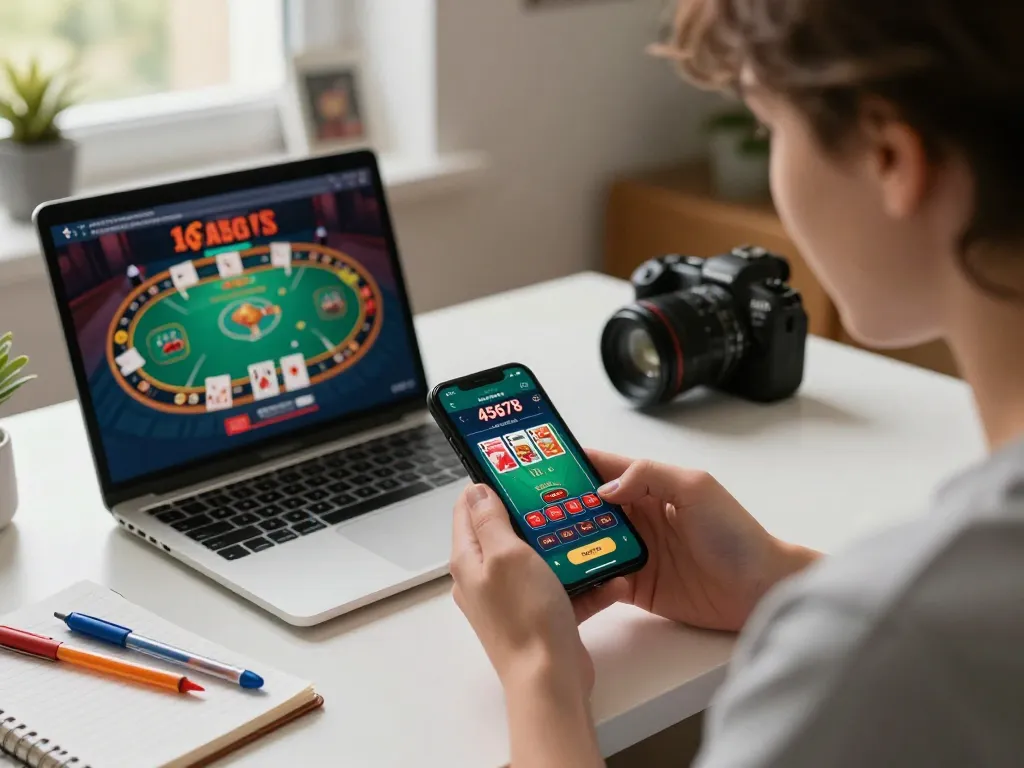 Engage with the 45678 app on your smartphone, displaying exciting mobile casino gameplay in a cozy home setting.