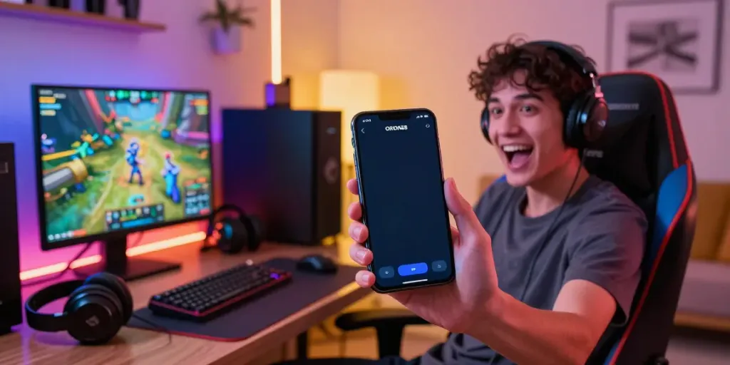 Gamer enthusiastically using ORION88 mobile app for online gaming.