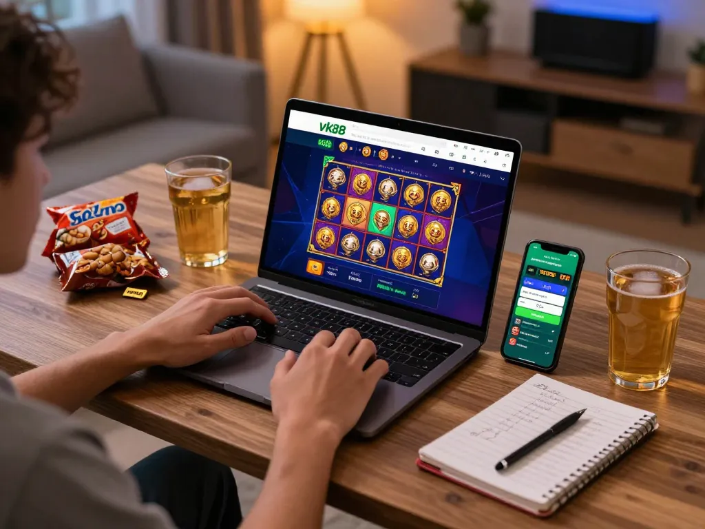Player engaging with vk88 casino platform on laptop while reviewing betting strategies in a cozy home setup.