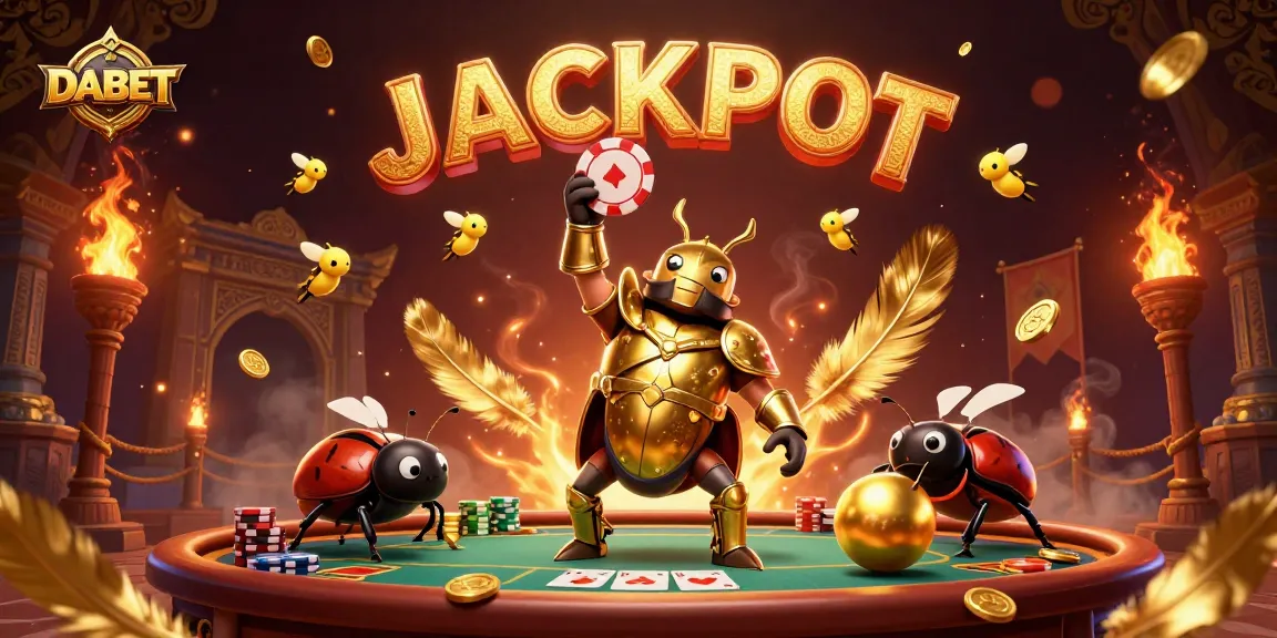 DABET jackpot scene with hercules beetle, poker elements, and vibrant casino atmosphere.