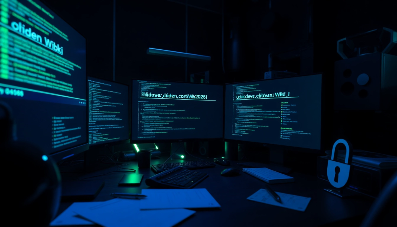 The Hidden Wiki 2026 dark web directory interface displayed on a tech workspace with glowing screens.