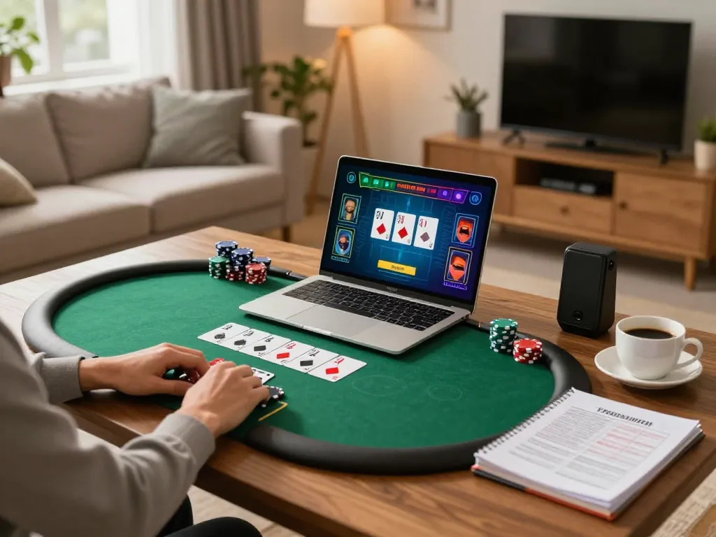 Player enjoying mposport poker game at home with focused strategy and cozy atmosphere.