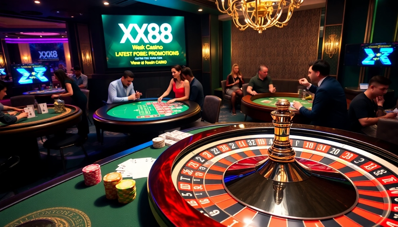 Experience the thrill of gambling with XX88 at a vibrant casino table filled with poker chips and winning cards.