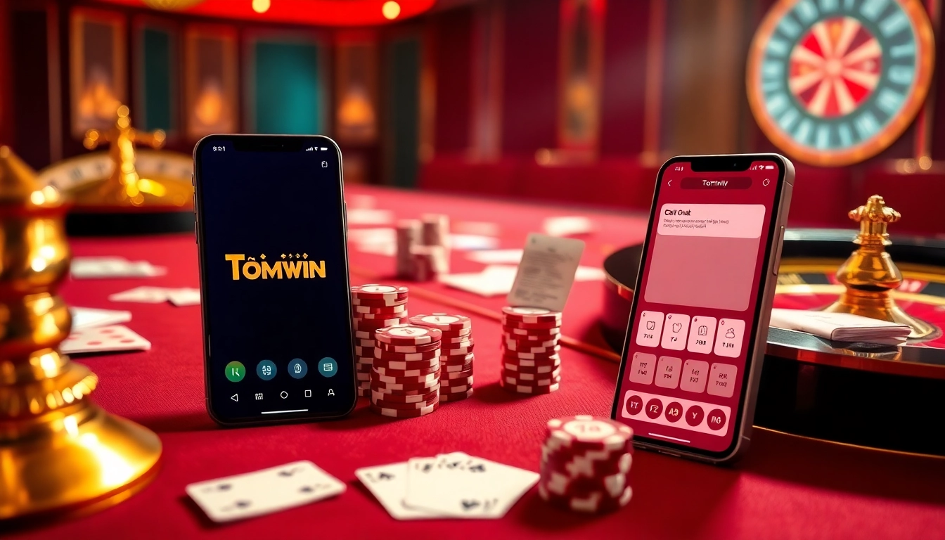 Tải Bomwin app showcased on a luxury casino table with vibrant poker chips and cards.