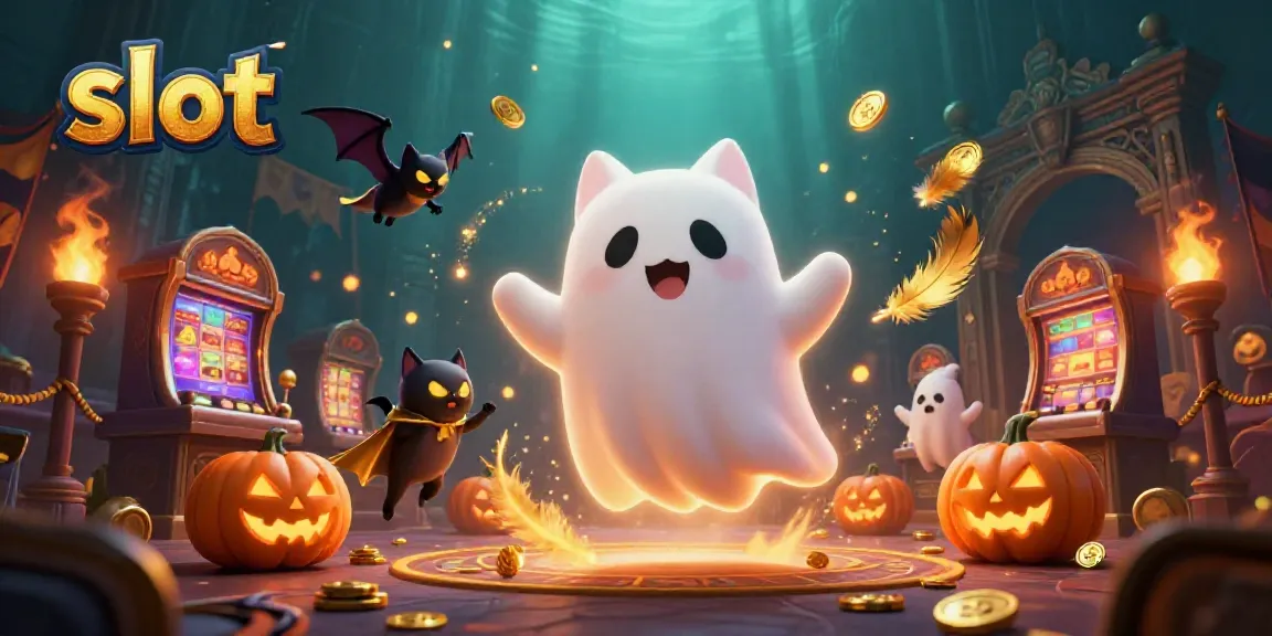 Experience thrilling slot action with a ghost cat and vampire bat in a festive haunted casino scene.