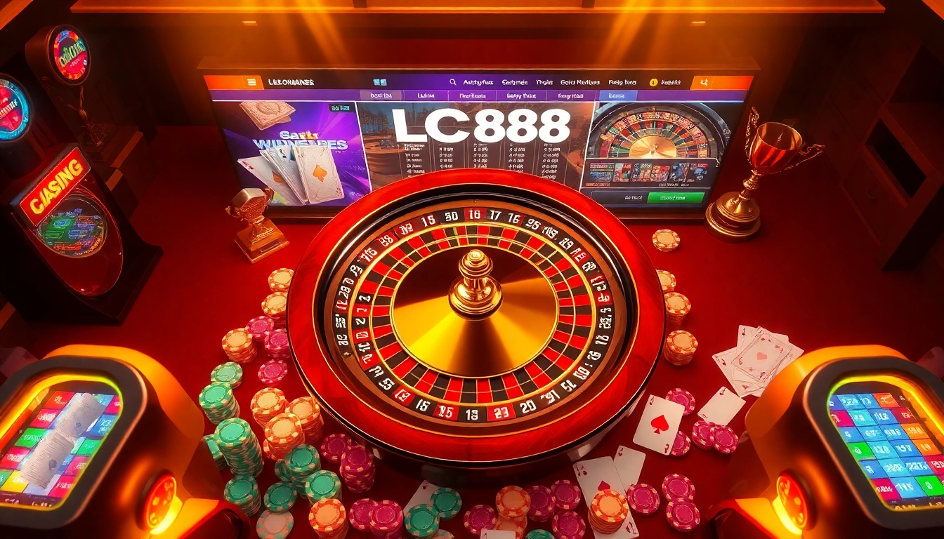 Engaging online gambling scene highlighting LC88 with a digital roulette wheel and vibrant poker chips.