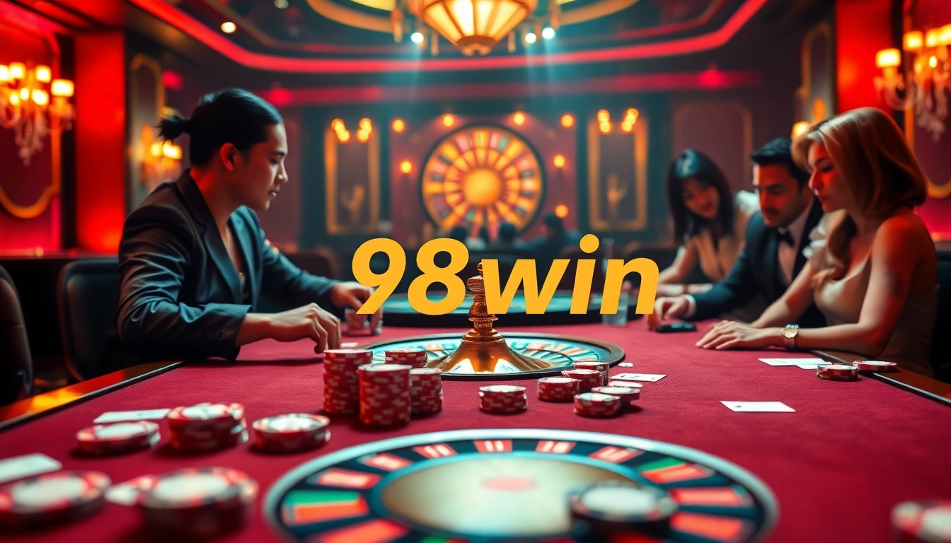 Experience the thrill of gambling at 98win with vibrant poker chips and a glowing roulette wheel.