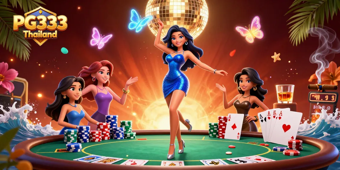 Engage with PG333 Thailand at an electrifying casino scene filled with dynamic characters and gaming elements.