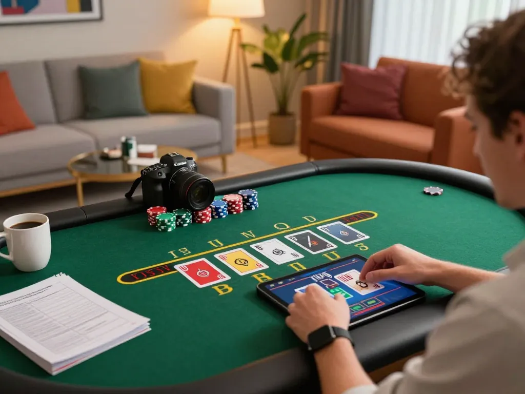 Experience thrilling online blackjack gameplay with mm88 on a tablet in a cozy living space