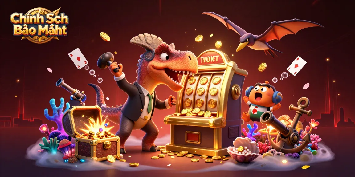 Experience the thrill of Chính Sách Bảo Mật as cartoon dinosaurs interact around a jackpot slot machine scene.