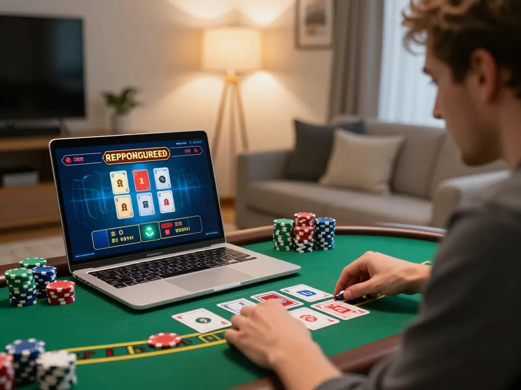 Player engaging with 123B live dealer blackjack on a laptop, showcasing responsible gambling.