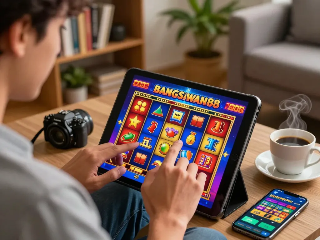 Engaging gameplay at bangsawan88 slot on a tablet, colorful graphics and cozy setting.