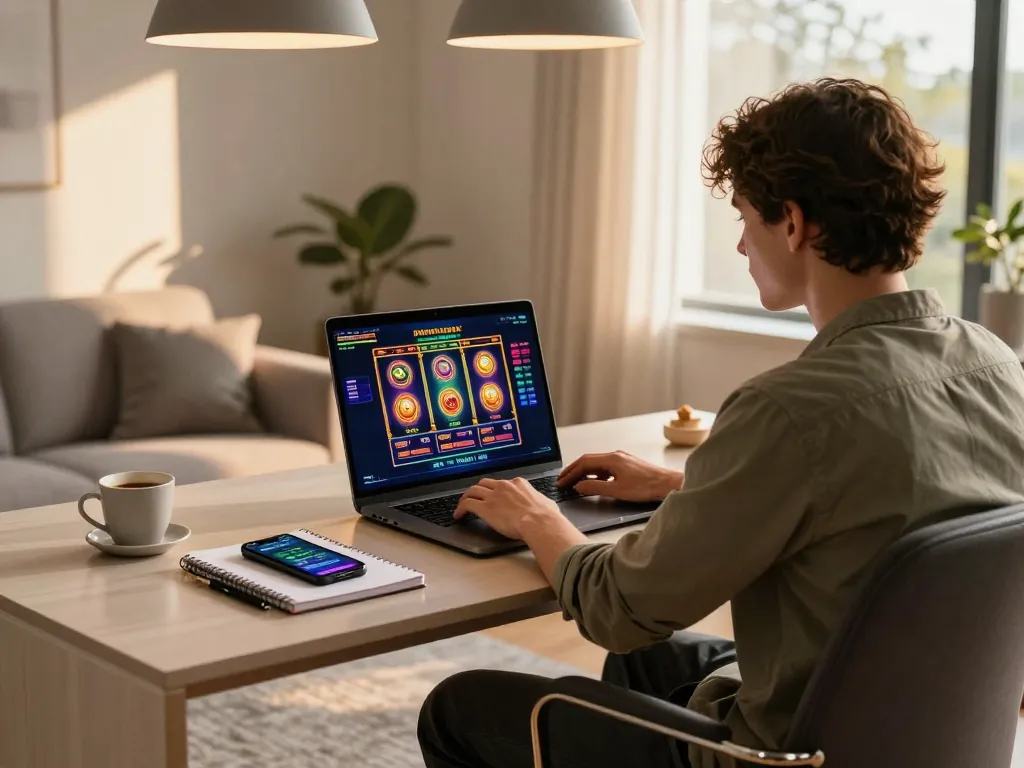 Aman788 user enjoying a vibrant online slot game on a laptop with strategic notes nearby.