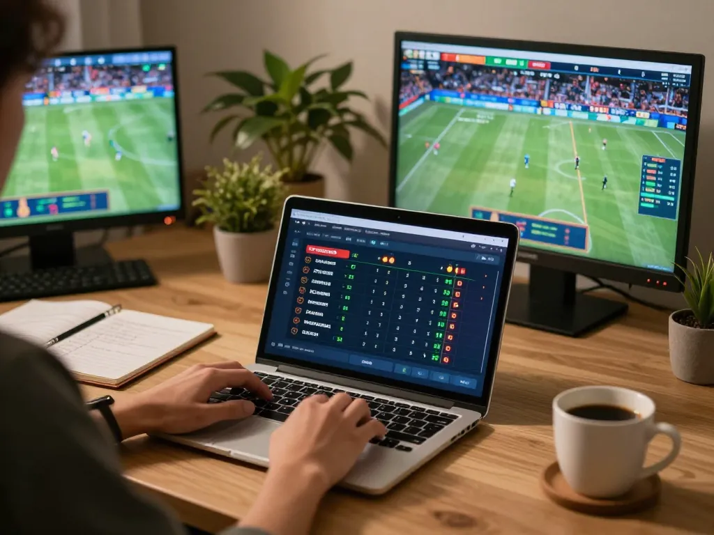 Engaging online betting action with okfun interface showing live sports odds updates and cozy home setup