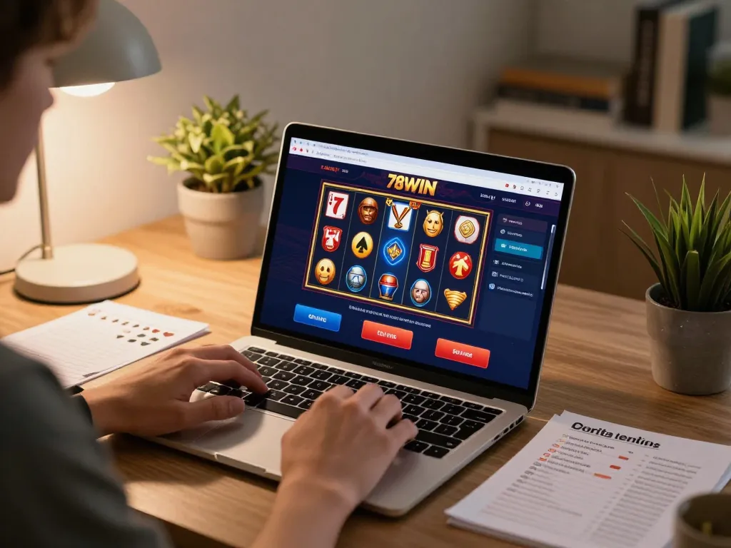 Engaging with 78WIN online casino on a laptop, showcasing strategic betting elements.