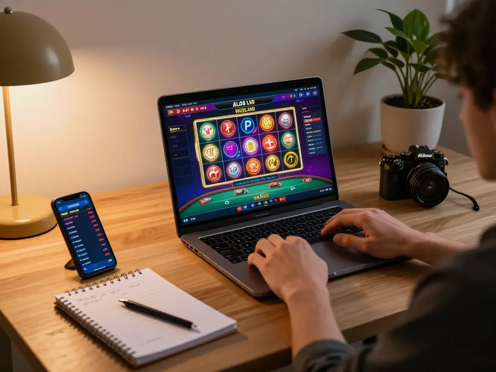 Engaging with ALO8 Live online casino gaming on a laptop within a cozy home setup