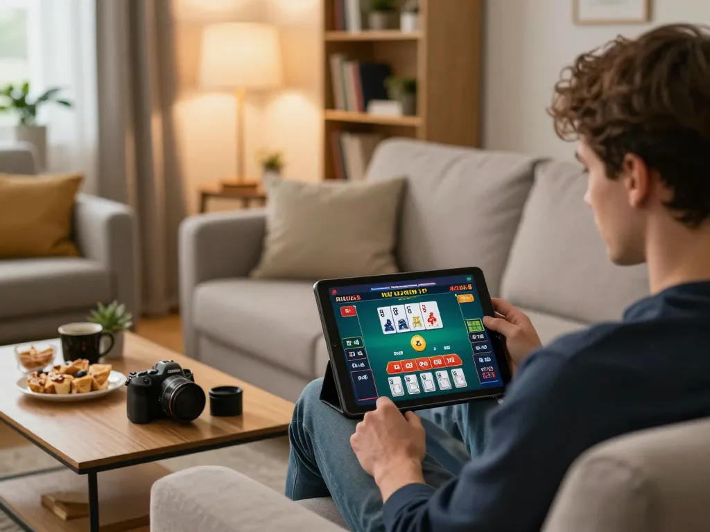 Player enjoying online baccarat at home with hm88 tablet interface and cozy setting