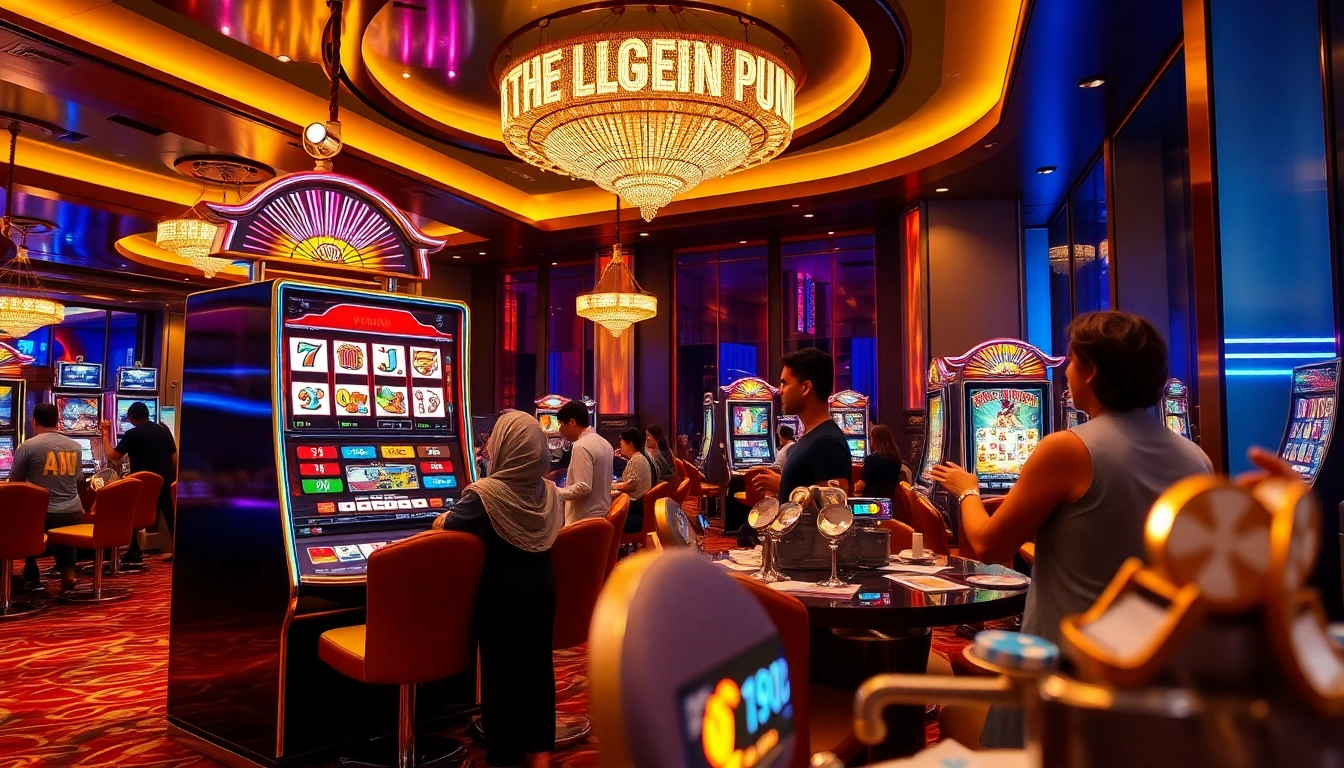 Players enjoying the excitement of the bro138 slot machine in a vibrant casino environment.