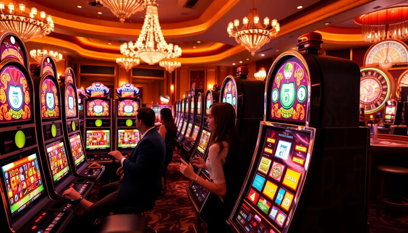 Players enjoying slots in a glamorous casino, showcasing excitement and anticipation.