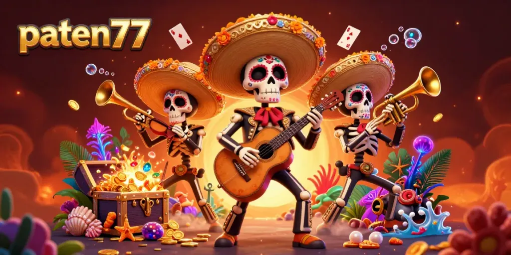 Engage with the vibrant visuals of paten77 in a 3D illustration featuring a mariachi band amidst treasure and casino elements.