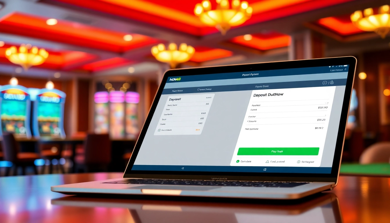 Navigating Nova88 deposit DuitNow with a modern digital payment setup in a vibrant casino atmosphere.