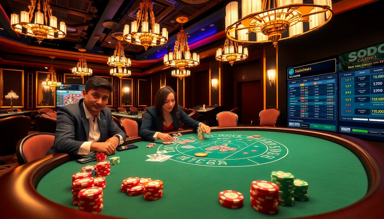 Experience the thrill of gameplay at SODO Casino with vibrant poker tables and spinning roulette.