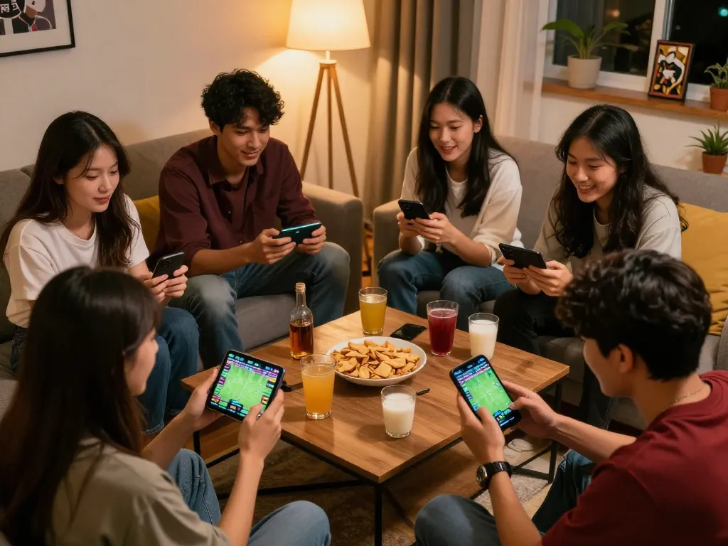 Friends placing bets together on their smartphones, enjoying online sports betting with slot pulsa