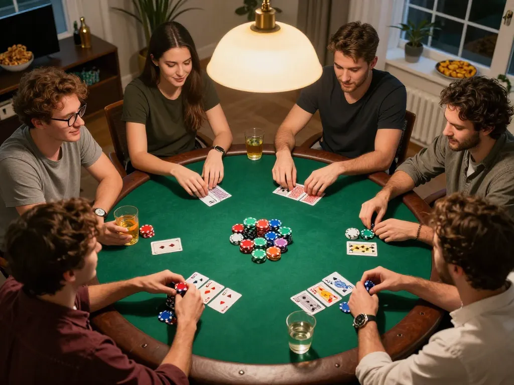 LIGA2000 poker night at home with friends, showcasing engaging gameplay and vibrant atmosphere.