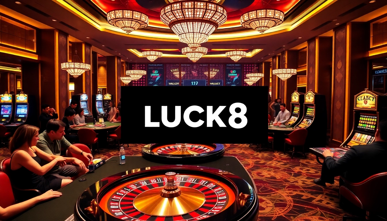 LUCK8 casino players enjoying a vibrant gaming atmosphere with roulette wheels and slot machines.