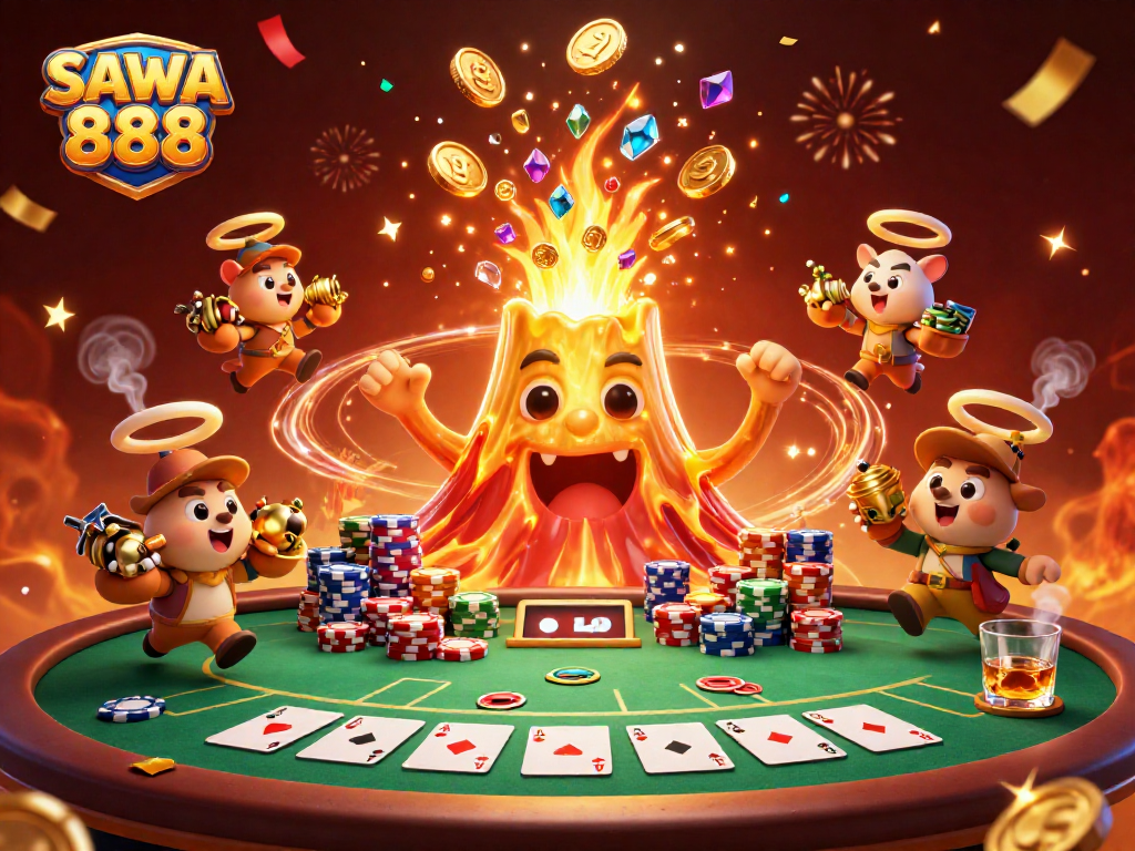 Engage with SAWA 888's thrilling world of wealth as golden lava erupts in a rich casino scene.