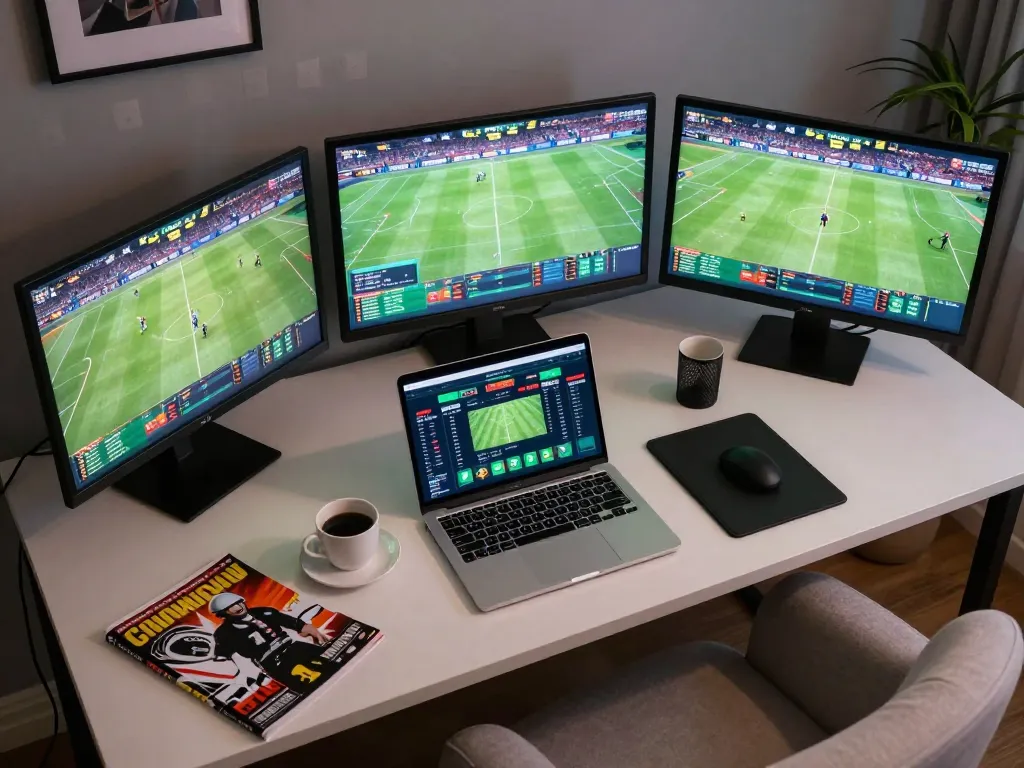 Active participant placing bets on sa sports events using multiple screens in a vibrant home office