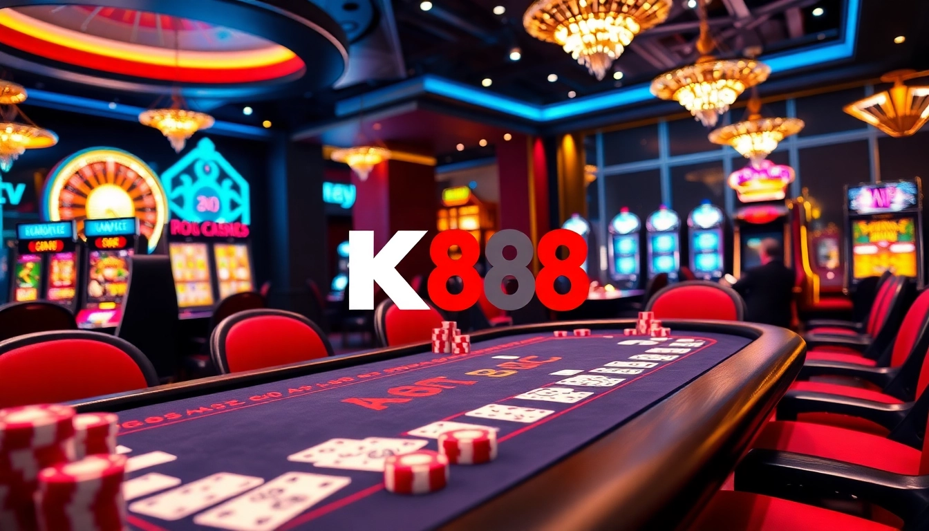 K88 casino table featuring vibrant chips, cards, and a roulette wheel in an elegant setting.