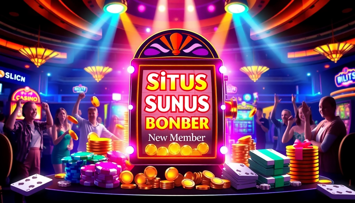 Situs slot bonus new member highlighted on a luxurious slot machine amidst vibrant casino decor.