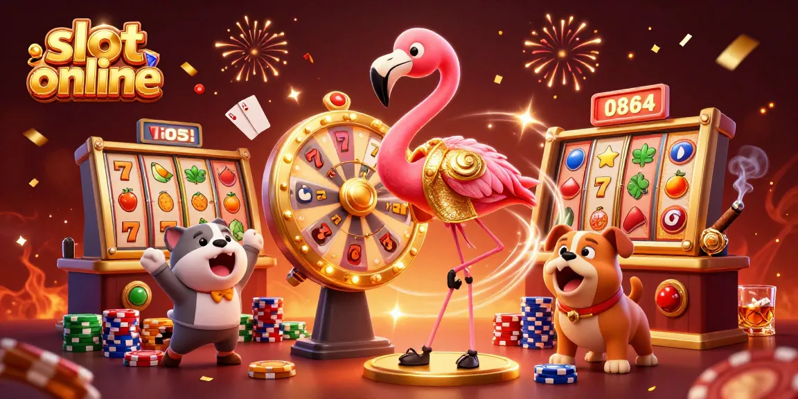 Putaran slot online dengan flamingo pemandu pada roda hadiah emas, menampilkan kegembiraan.