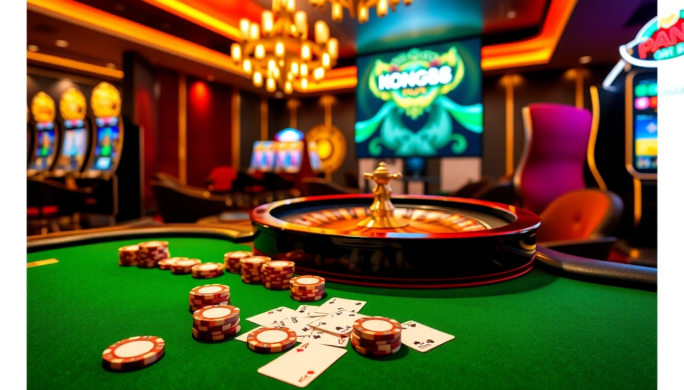 KONG88 betting scene with vibrant poker table, roulette wheel, and engaging slot machines.