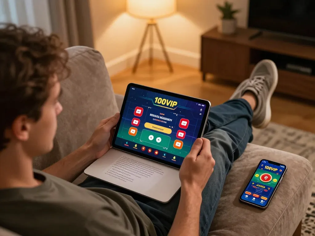 Engaging in online gaming with 100VIP, showcasing a player's environmental comfort and strategic approach.