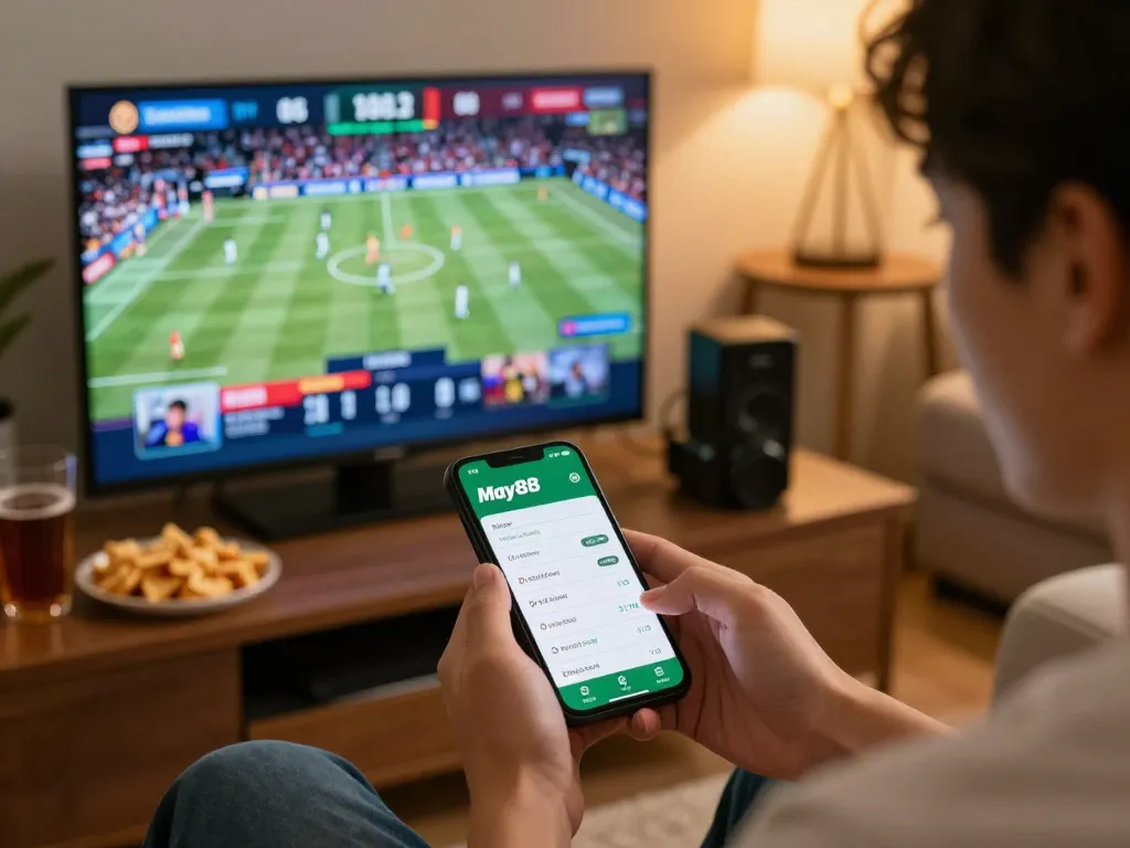 May88 app user engaging actively in sports betting on smartphone in a cozy home setting.