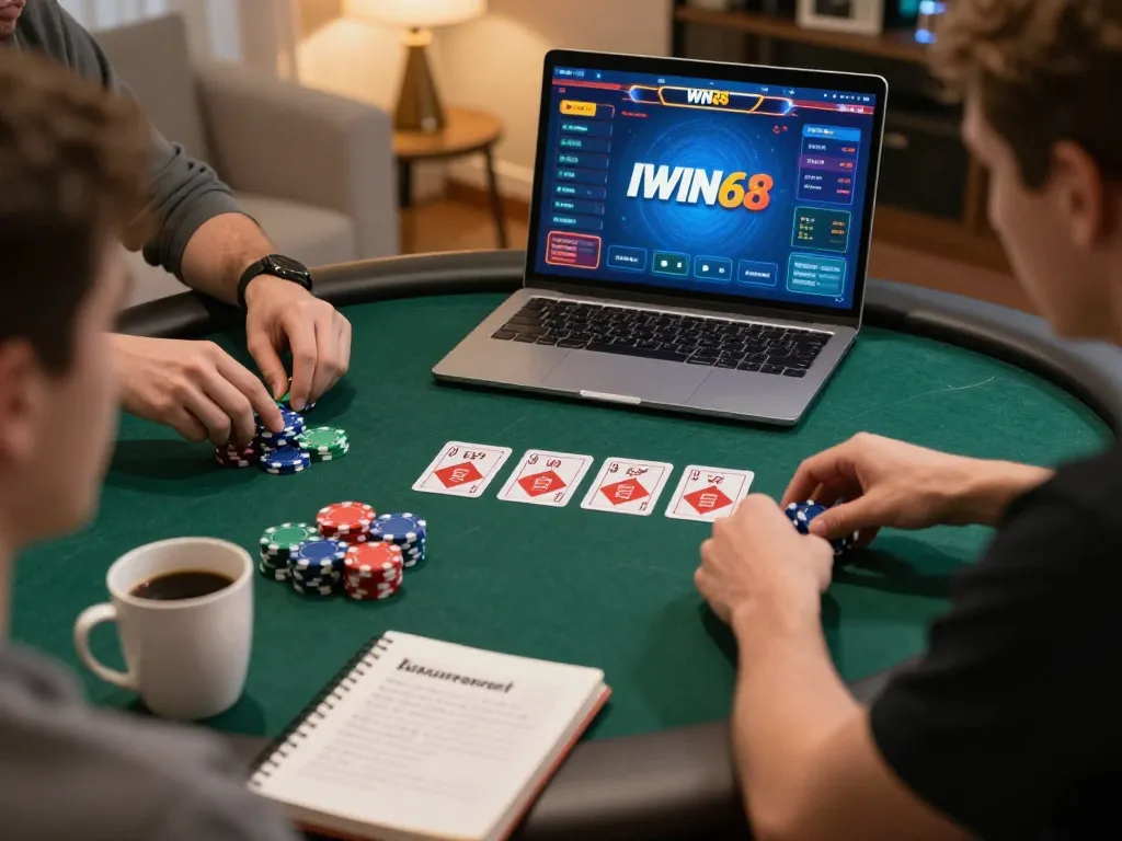 IWIN68 online poker game in progress showing community cards and players engaged in strategic gameplay.