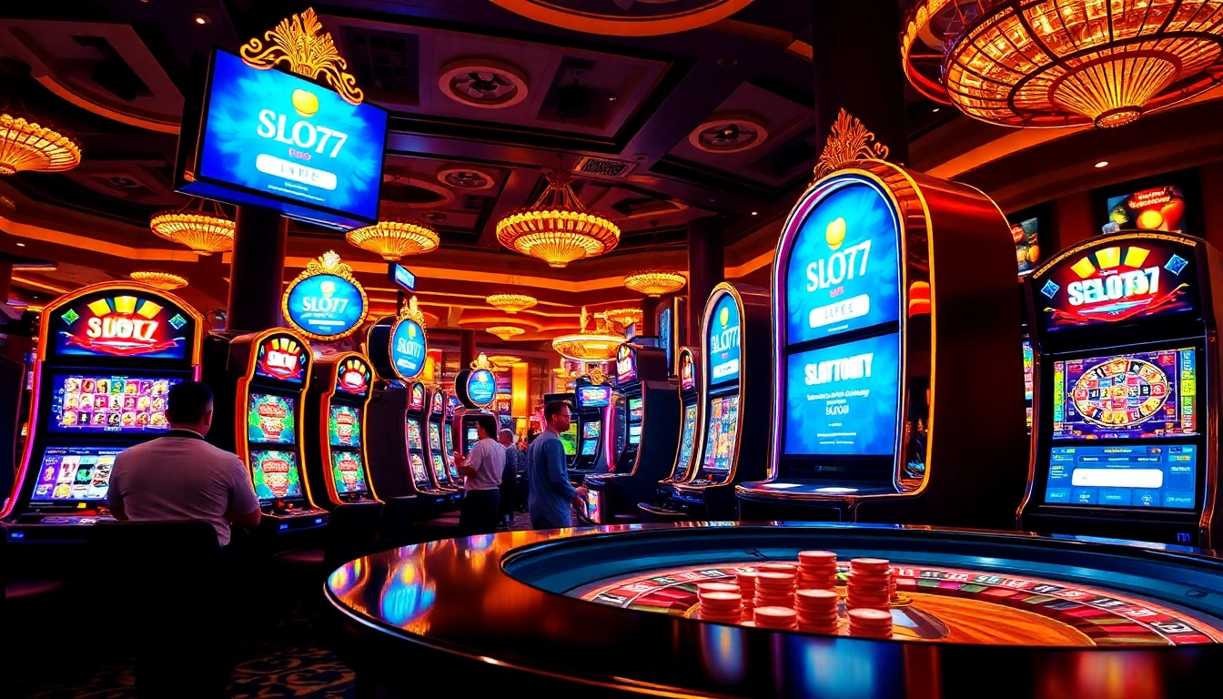 Engaging scene depicting gamblers using the slot777 login interface among vibrant slot machines.