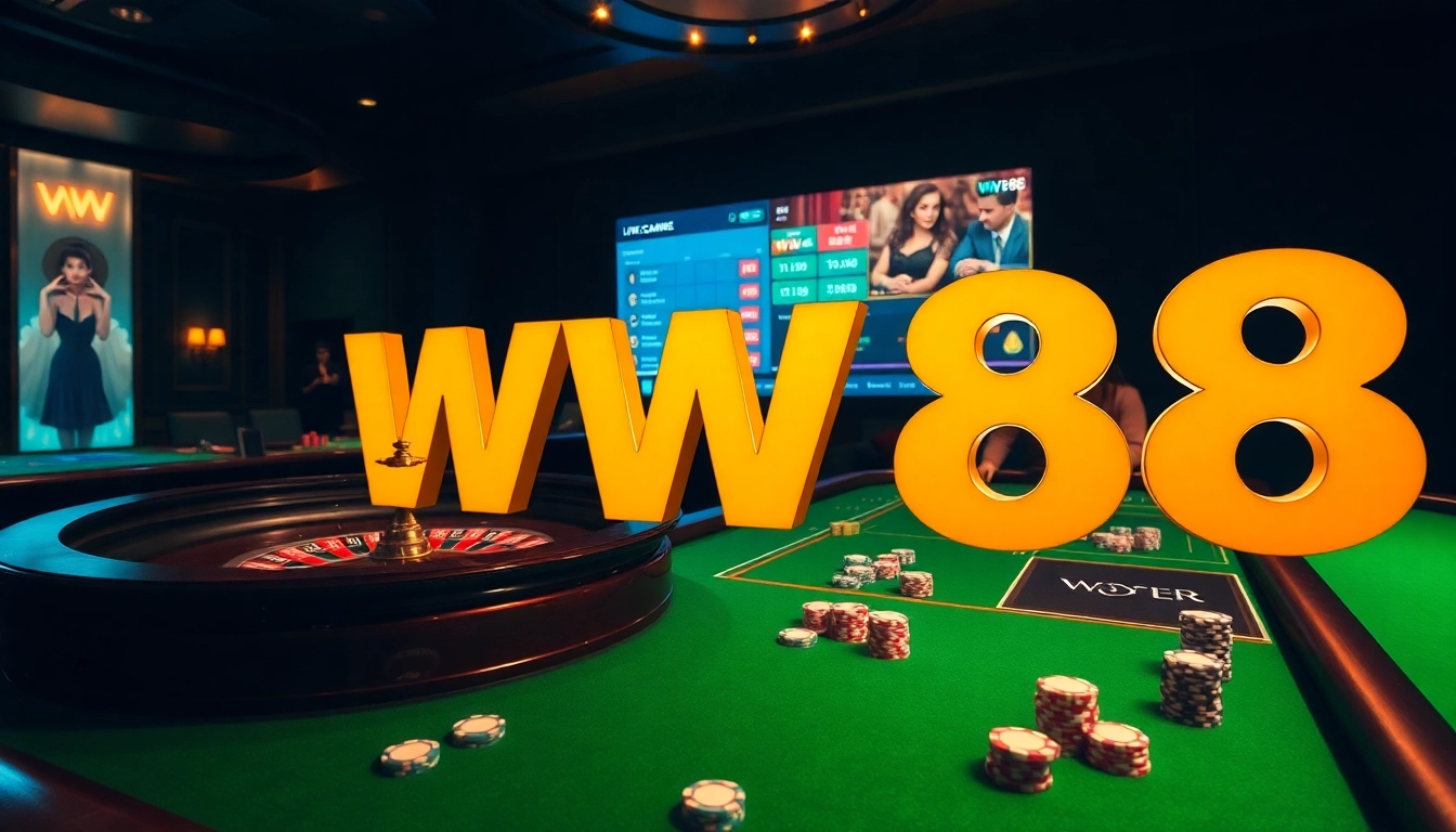 Engage with WW88 at a vibrant casino table with roulette and poker chips.