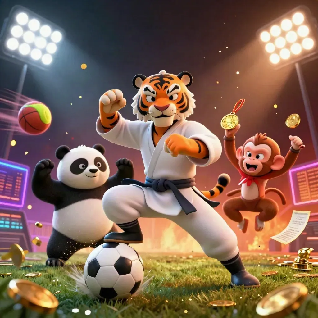 Tiger, panda, and monkey amid flying sports gear and neon casino light