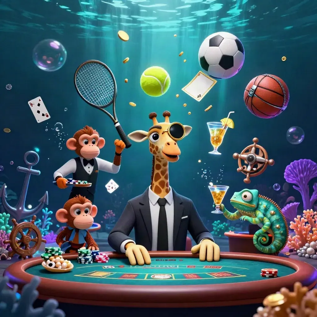 Underwater casino trio around a VIP poker table, tennis ball, coins, bubbles, neon glow.