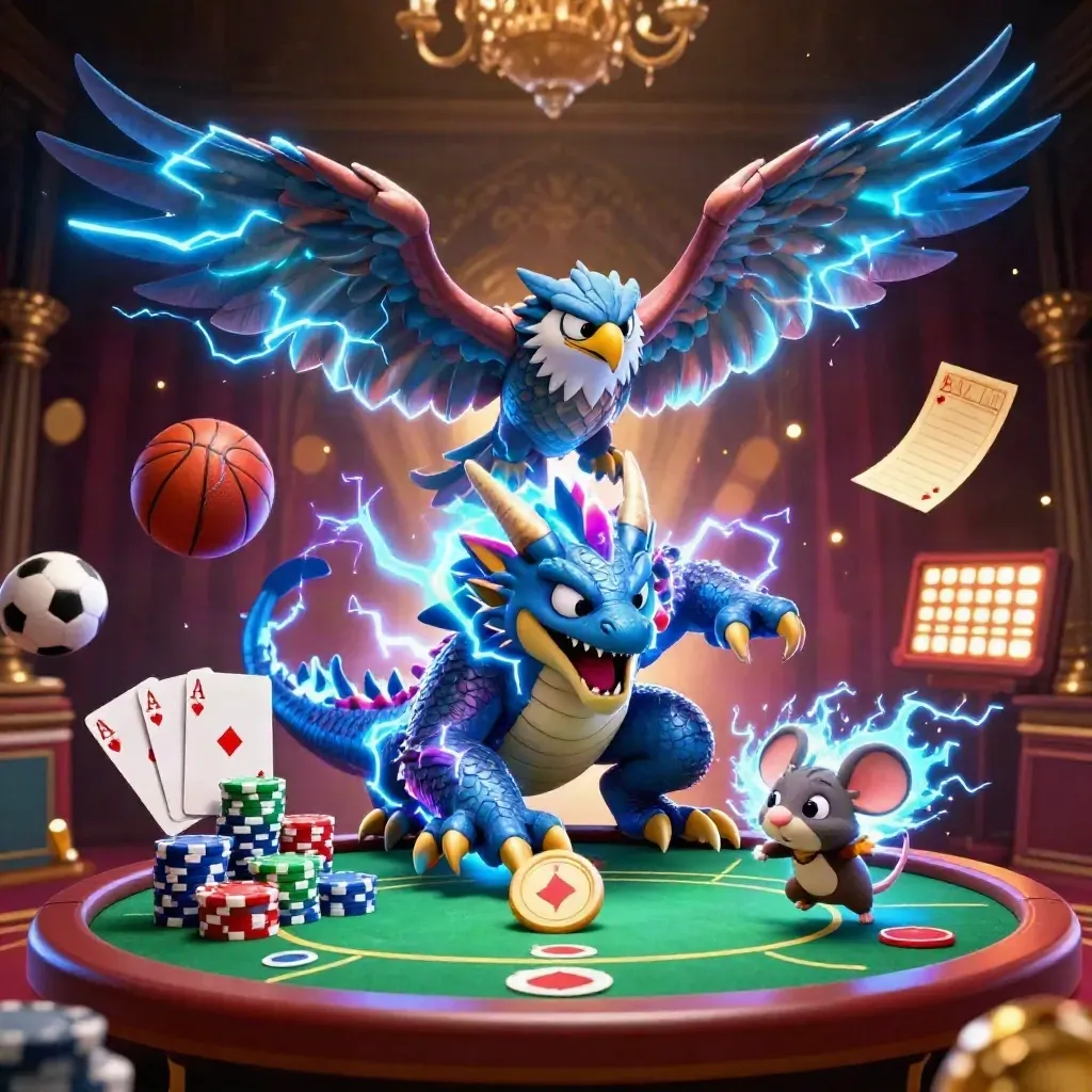 Thunder dragon, glowing hawk, and static mouse amid chips, cards, balls, and neon casino lights.