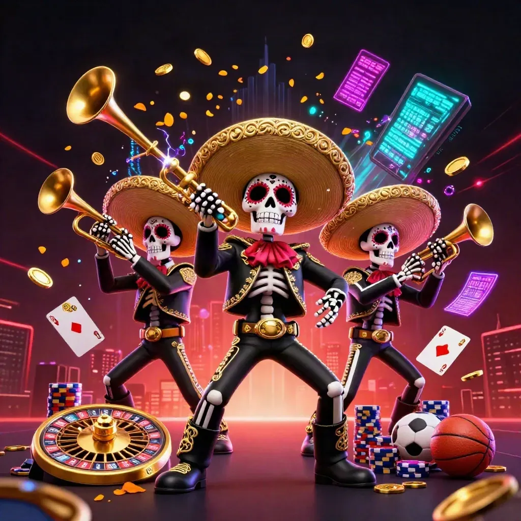 Day-of-the-Dead mariachi skeletons with casino effects, coins, roulette wheel, balls and chips in neon glow