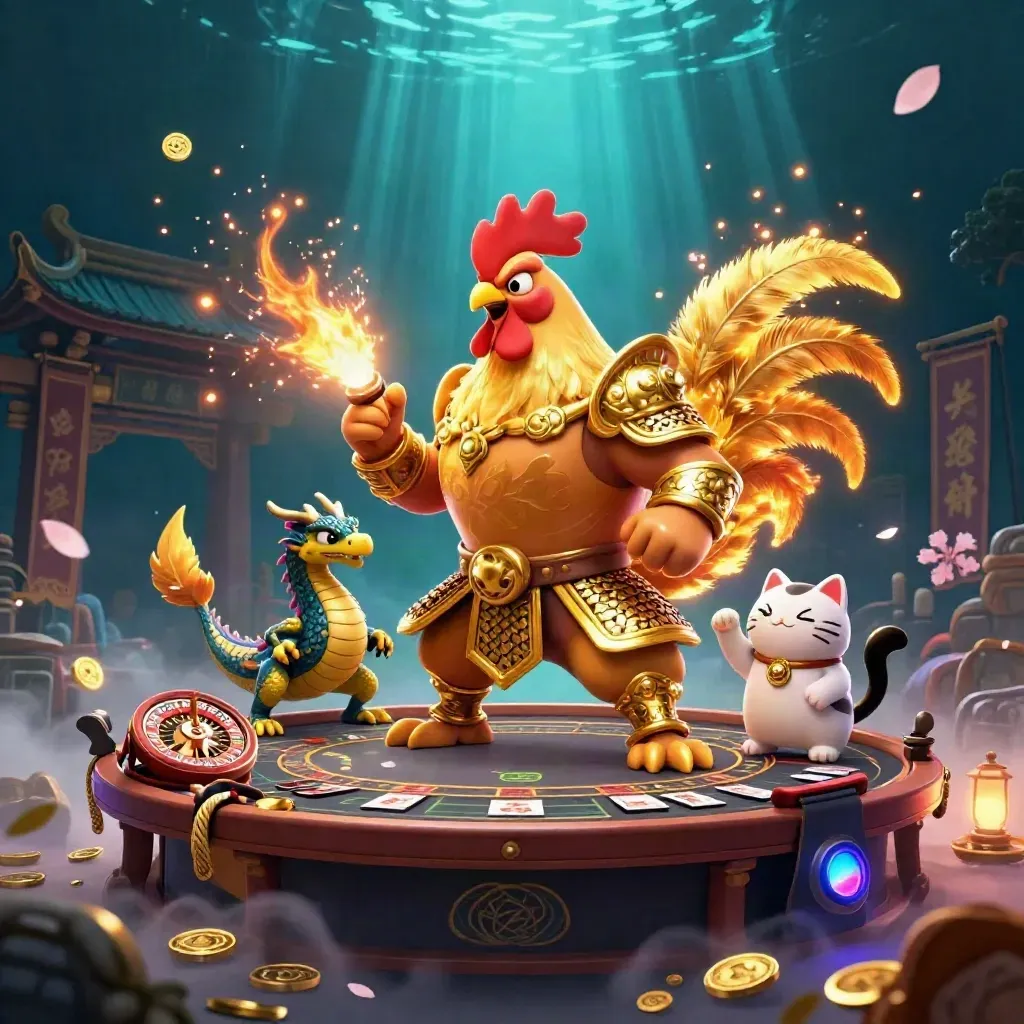 Rooster warrior, dragon hatchling, and fortune cat in a neon casino battle scene.