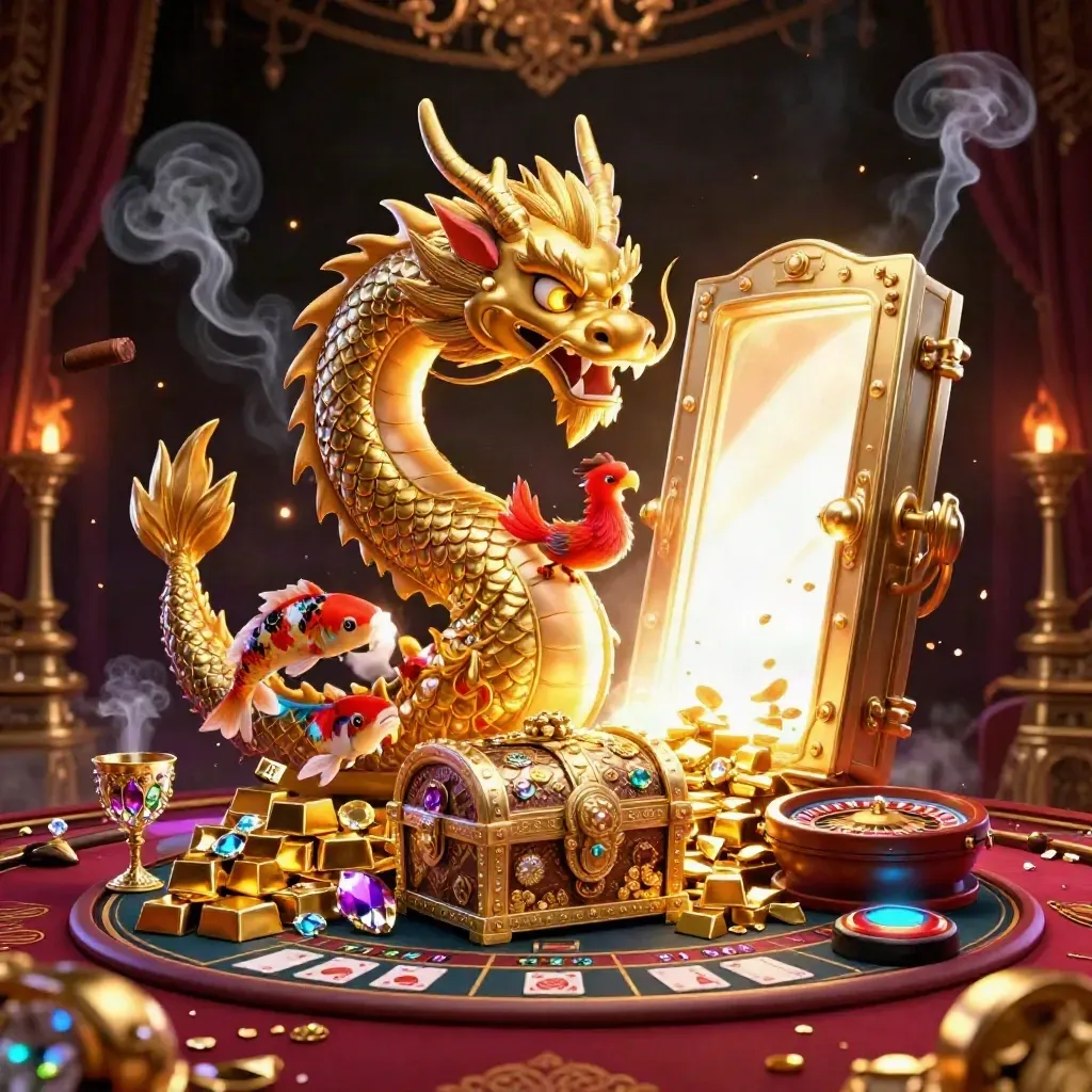 Golden dragon with phoenix and koi amid vault light, gold, gems, and casino luxury.