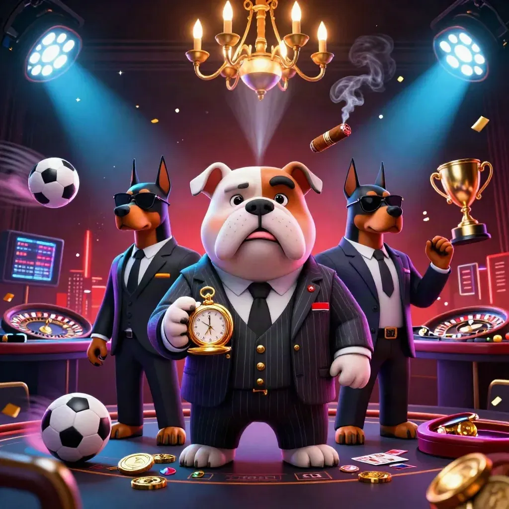 Bulldog mafia boss with Dobermans amid casino luxuries, balls, trophy, roulette spin, neon lights