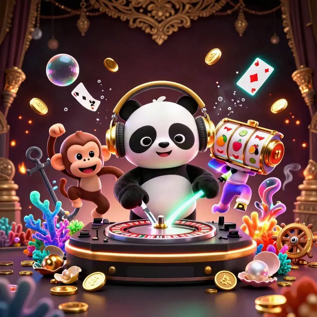 DJ panda, monkey, and glow kitten amid coins, coral, cards, and casino treasure