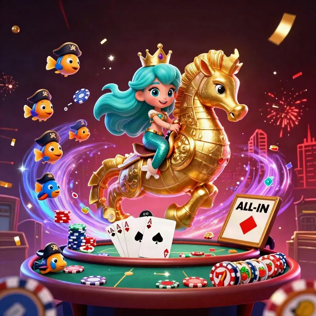 Mermaid princess on a golden seahorse amid poker chips, cards, confetti, fireworks, and neon casino energy.