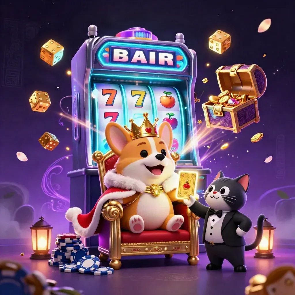 Royal corgi king and cat butler amid exploding casino loot, neon cyan magic, and treasure.